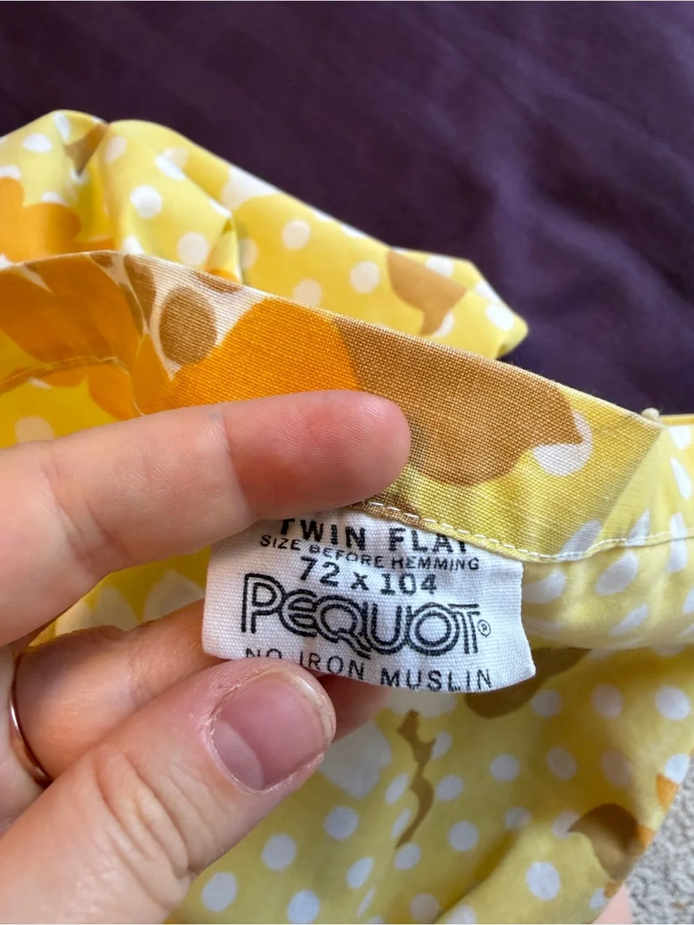 Vintage 1970s Pequot Twin Flat Sheet Yellow Floral Daisy Polka Dot 72x104